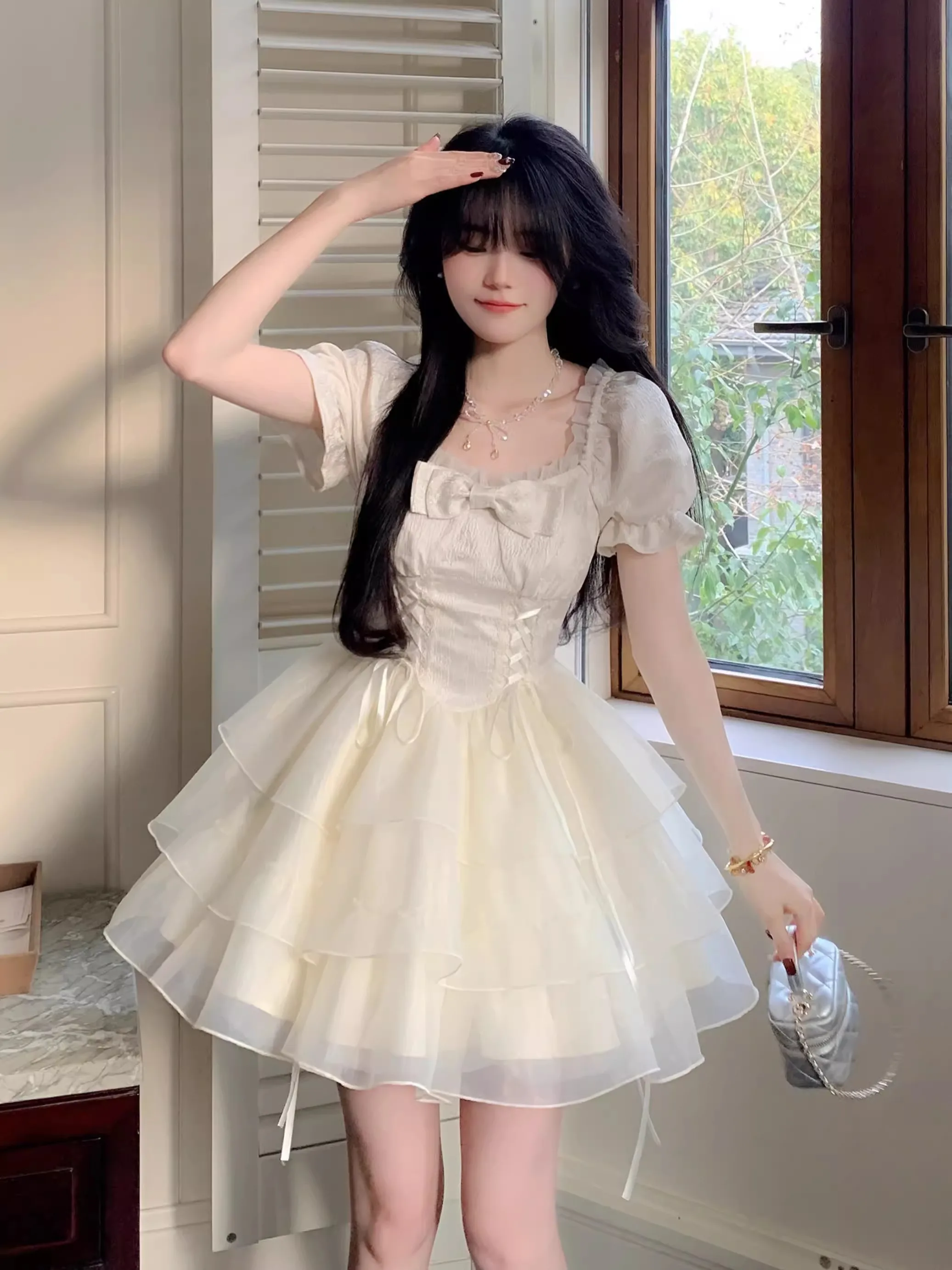 

White Moonlight Temperament Goddess Fan Sweet Princess Dress Women's High-end Feeling Butterfly Bow Organza Dress Fluffy Summer