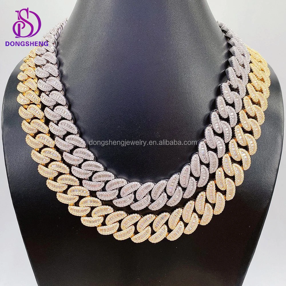 New Dual Cut Moissanite Cuban Link Chain 18mm S925 Silver Pass Tester D Color Baguette & Round Diamond Moissanite Cuban Necklace