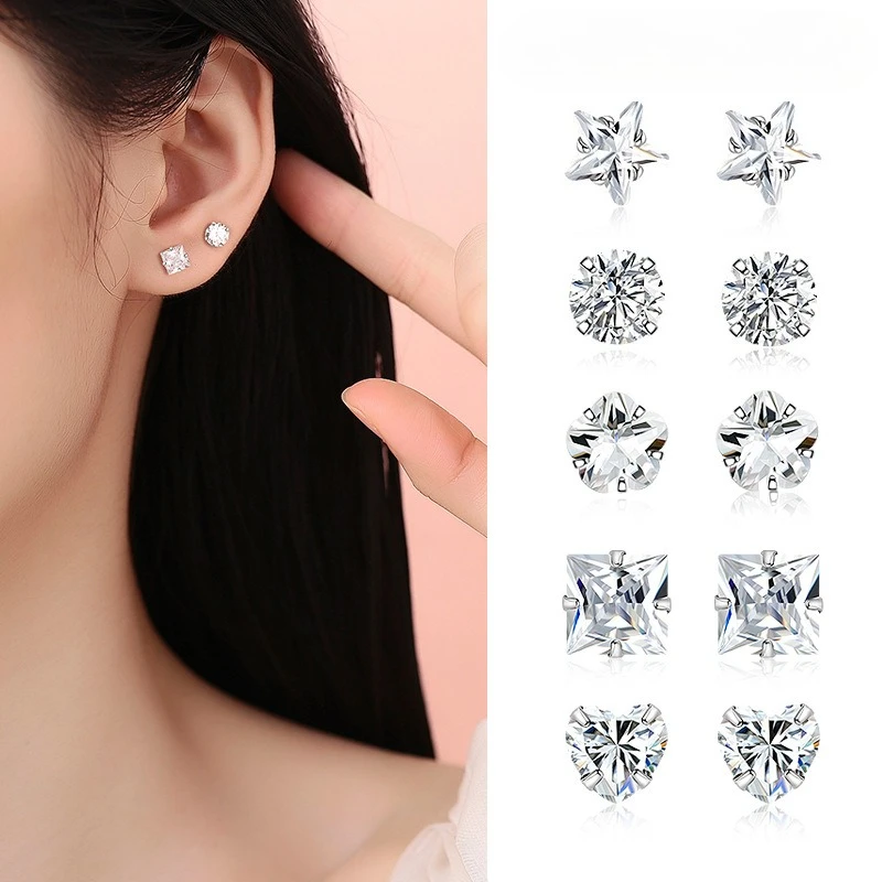 1 Pair S999 Pure Silver Square Sugar Single Zircon Star Earrings for New Piercings Tiny Design Stud Ear Cuff Women Minimalist