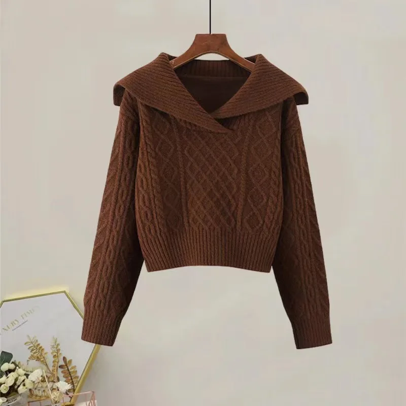 Large lapel  sweater, high waisted short sweater, women's 2023 autumn/winter pullover, long sleeved pullover, knitted top