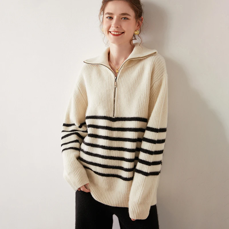 

Luxury Zipper Stripe Pullover Autumn Winter Women's 100% Cashmere Sweater Casual Loose Turn-Down Collar Knitwear Warm New Tops