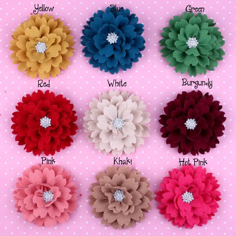 10pcs 3.6" Artificial Headband Flowers Fabric Hair Flowers With Rhinestone Button Lace trim patch applique lace fabric Wedding