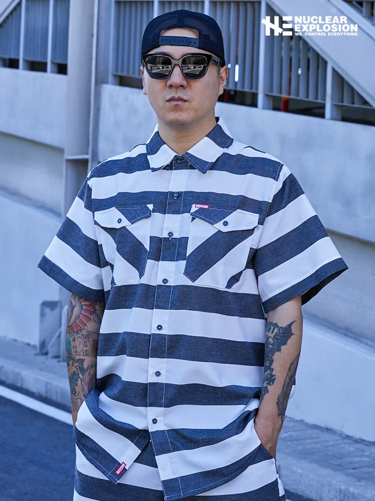

Casual Black White Striped Prison Style Loose Fit Motorcycle Workwear Shirt Short Sleeve Breathable Polyester Summer Shirt