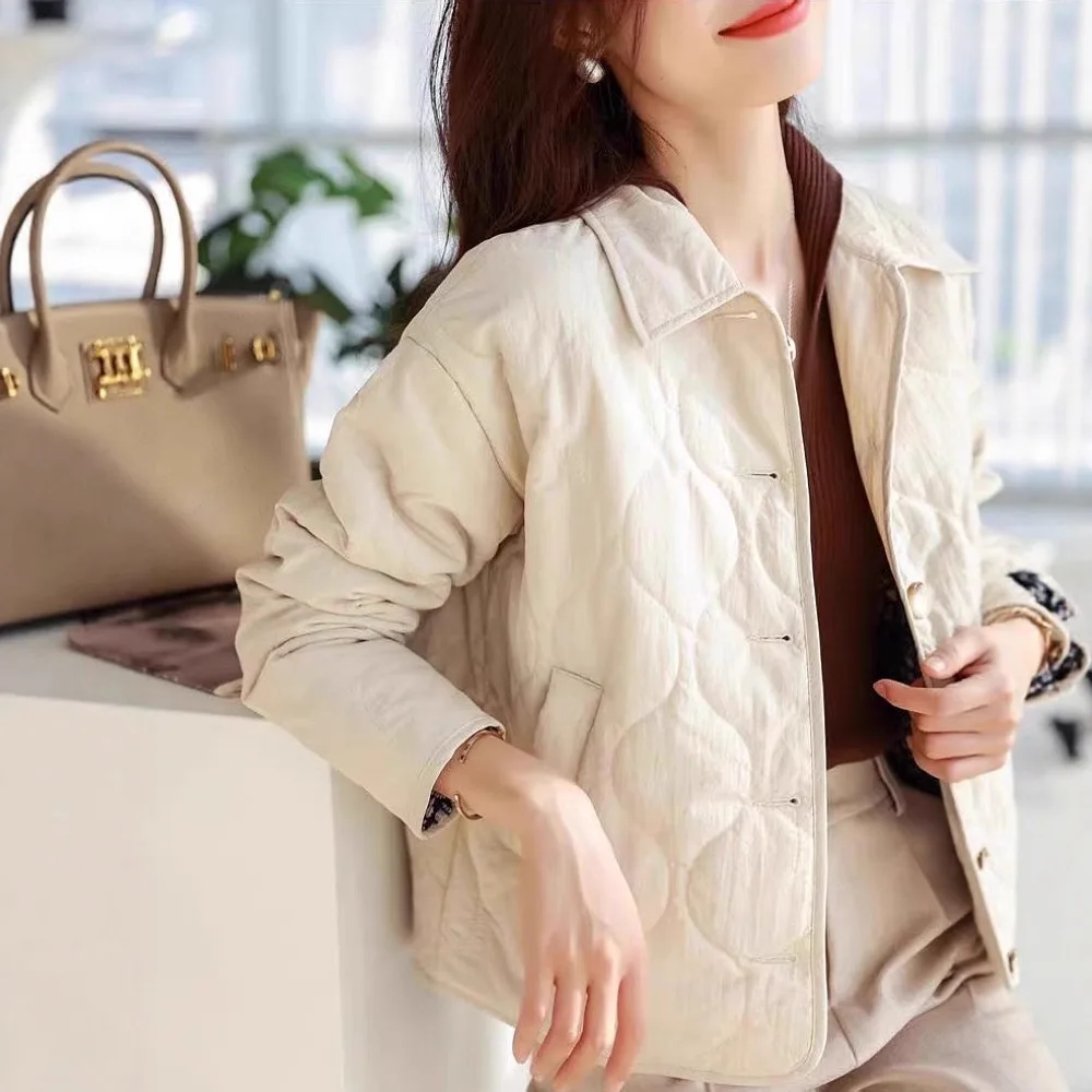 Lightweight Padded Cotton Jacket Short Straight Cut Polo Collar Autumn Winter New Style Women's Fashion Casual Outerwear