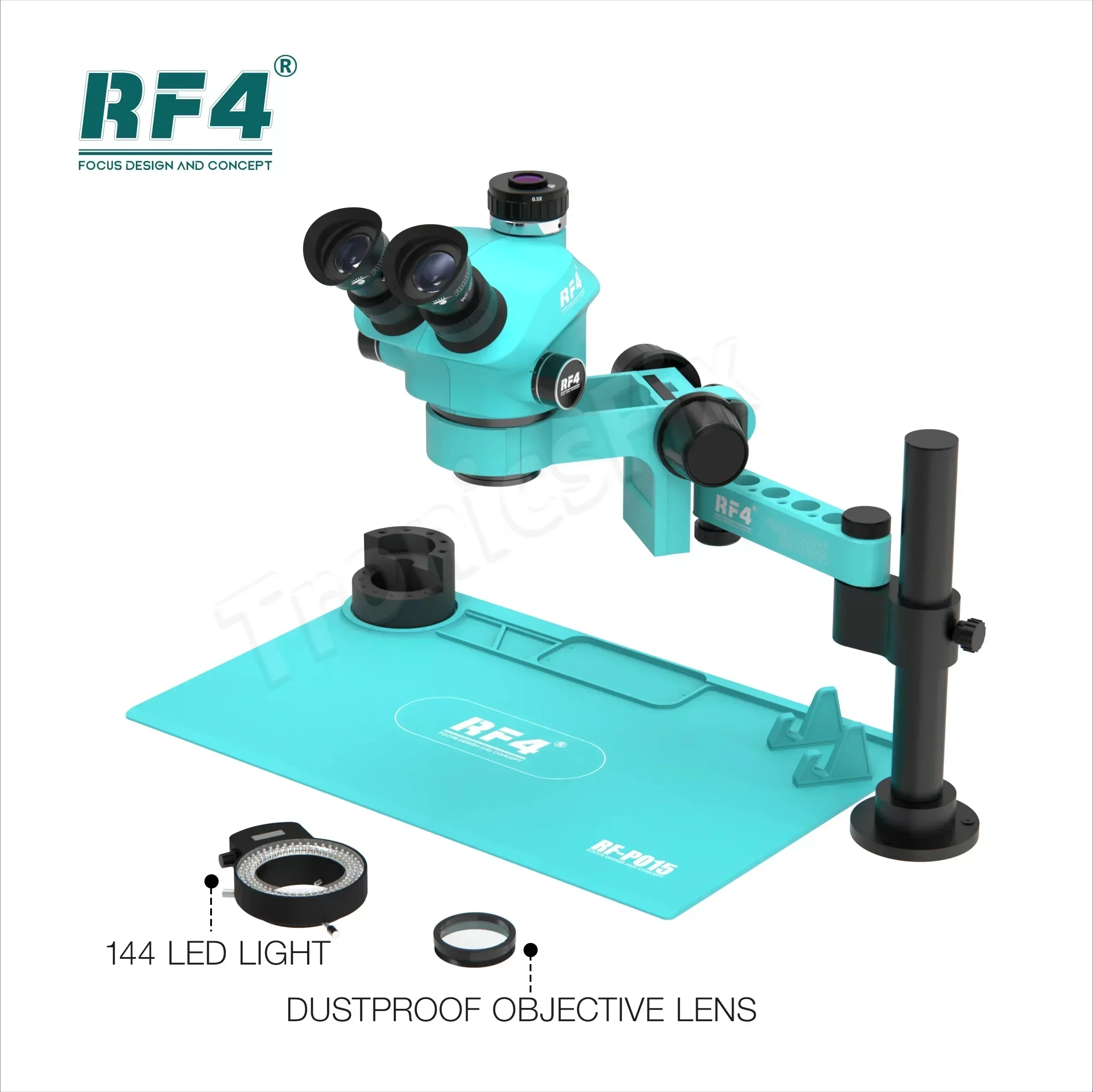 RF4 RF-7050PRO-FO19 360° Adjustable Universal Telescopic Rotating Lifting Trinocular Microscope with Silicone Pad for PCB Repair