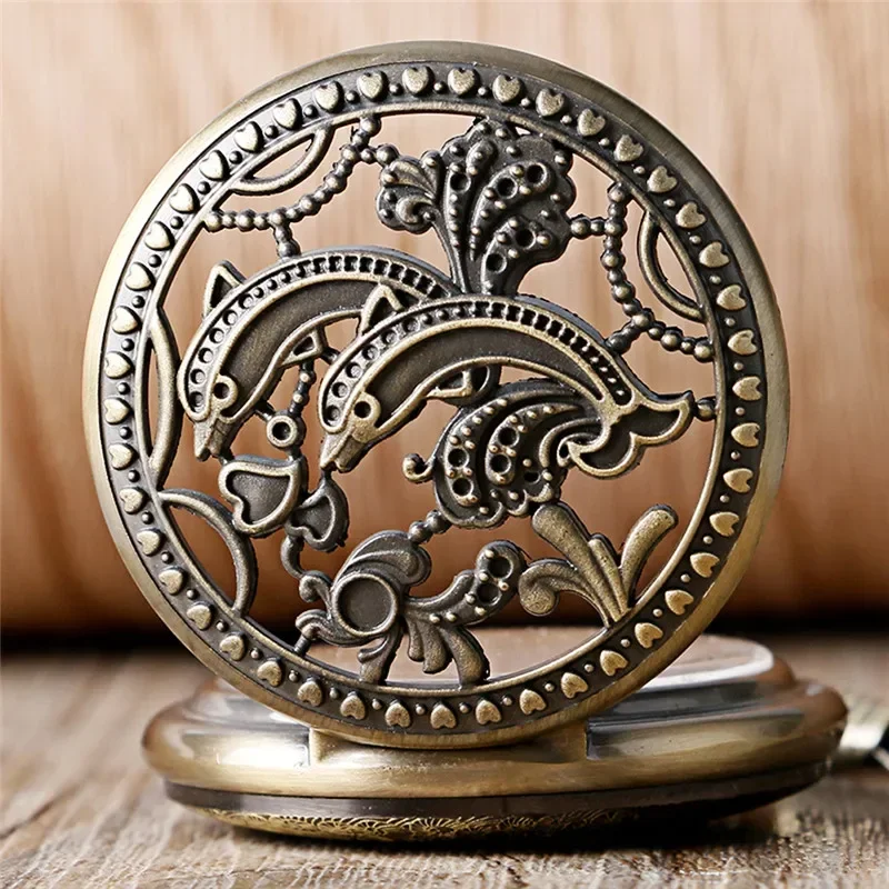 

Bronze Hollow Out Dolphin Case Unisex Pocket Watch with Handwinding Mechanical Movement Arabic Numeral Dial Fob Pendant Chain