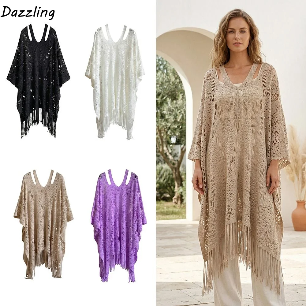 

Однотонная пляжная накидка-шаль в богемном стиле с защитой от солнца, с кисточками, вязаный ажурный топ свободного кроя больших размеров, крючком, женская уличная одежда