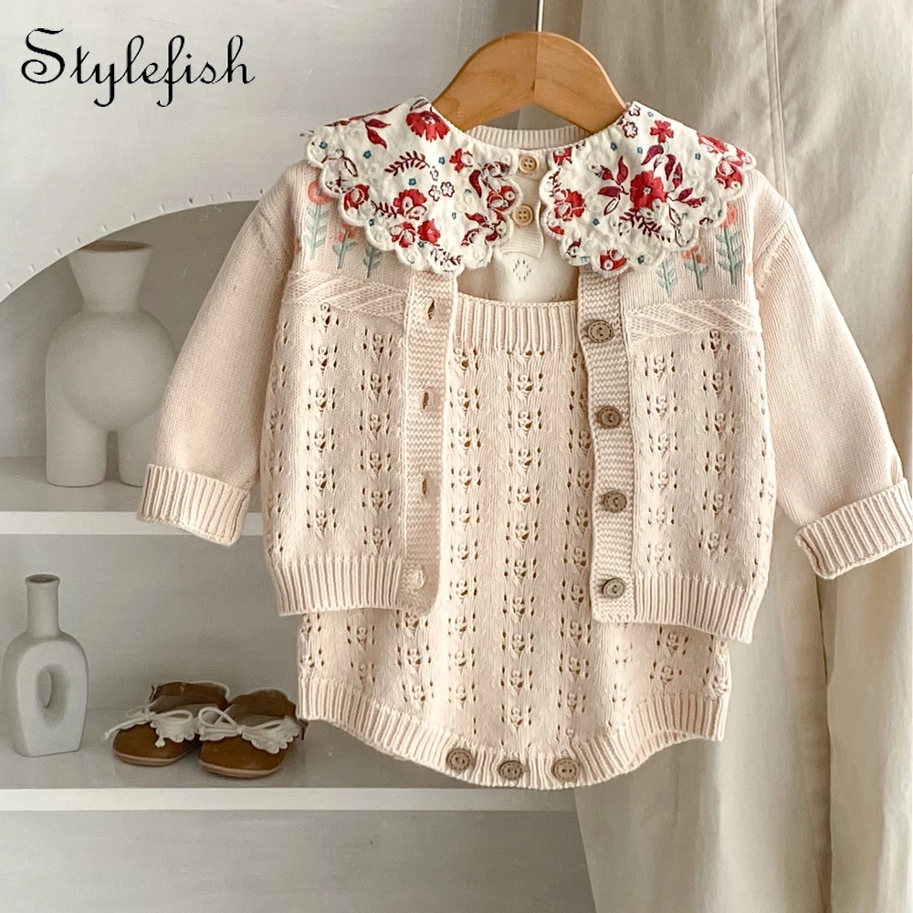 Autumn New 0-3 Year Old Baby Knitted Set for Girls Embroidered Cardigan Coat+Backstrap Solid Color Sweetheart 2-piece Set