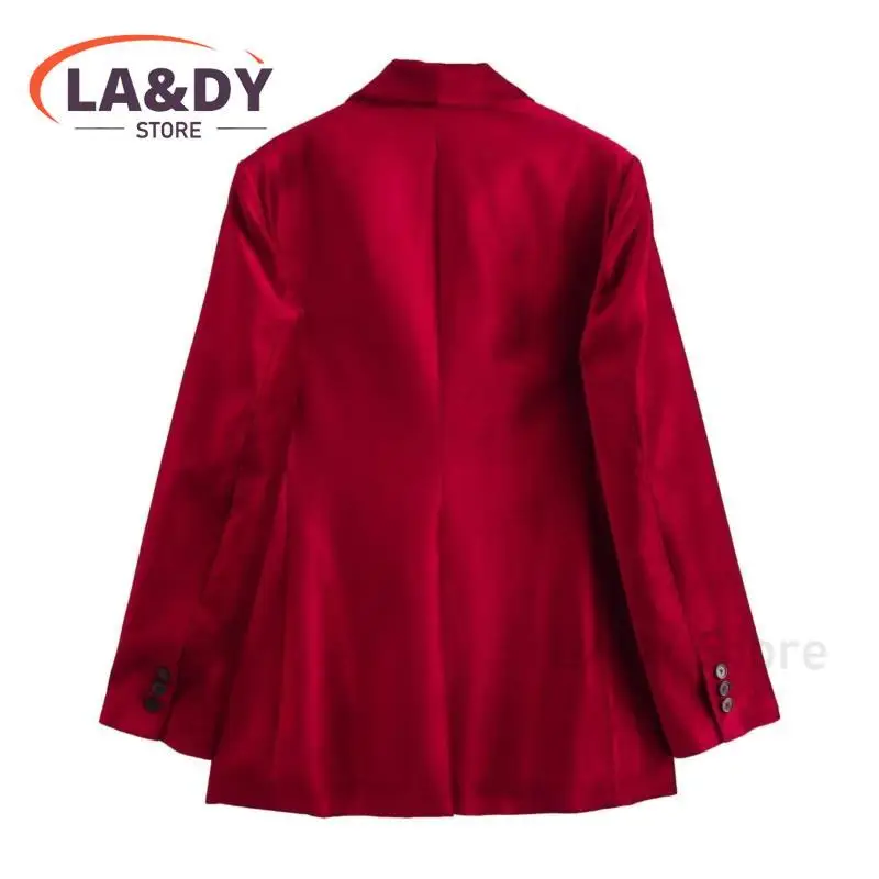 Women\'s Velvet Blazer 2024 New Spring Autumn Female Fashion Red Long Sleeve Pocket Suit Jacket Outwear