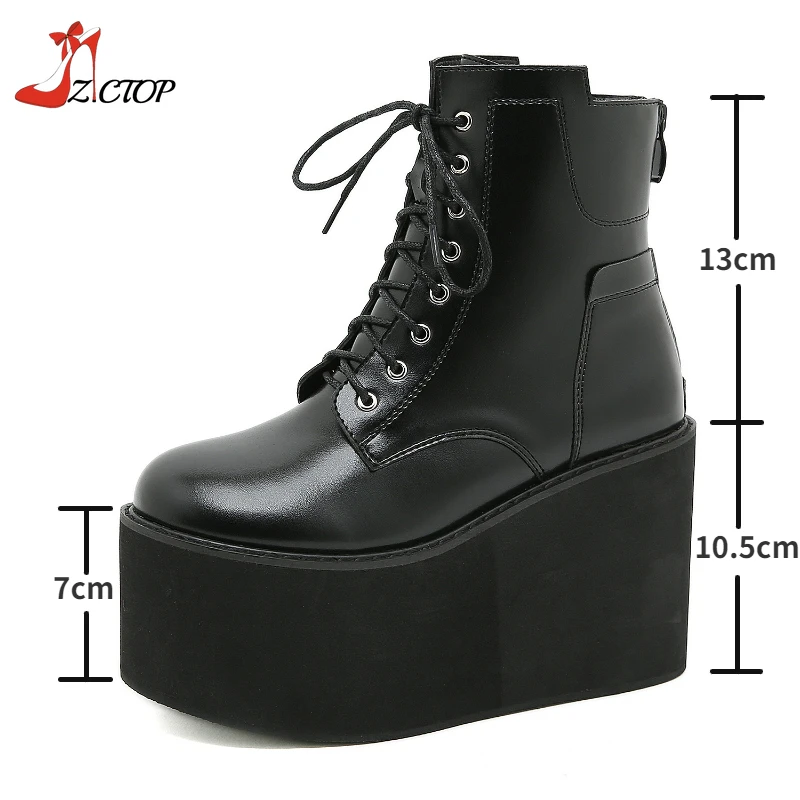 Botas de tornozelo pretas góticas para mulheres, fundo grosso, saltos altos, cunhas punk, sapatos femininos, botas, tamanho 43