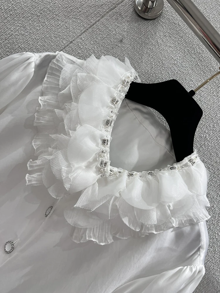 

Summer Fashion White Color Lantern Sleeve Casual Blouses Women's Gorgeous Flounces Collar Nail Bead Single Breasted Shirt