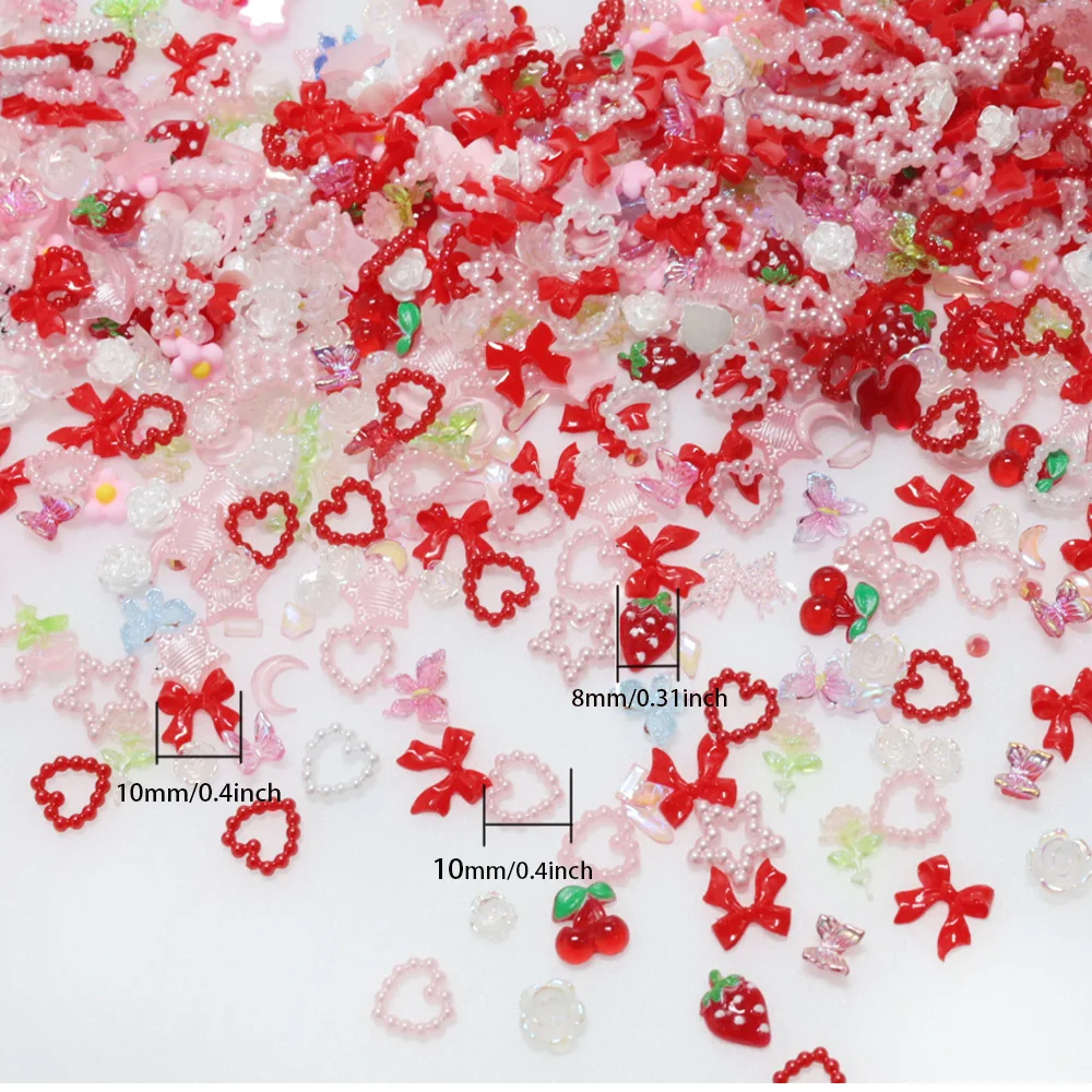 Breloques pour ongles, mélange aléatoire de fleurs de fraises, résine douce, lune à dos plat, accessoires de décoration pour Nail Art, ensemble de manucure à faire soi-même, 100 pièces
