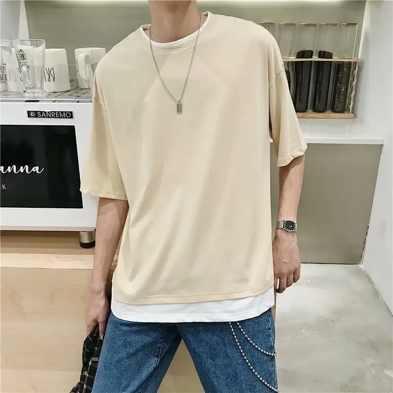 

Футболка мужская из двух частей, однотонная Свободная рубашка с круглым вырезом и коротким рукавом, Y2k, лето