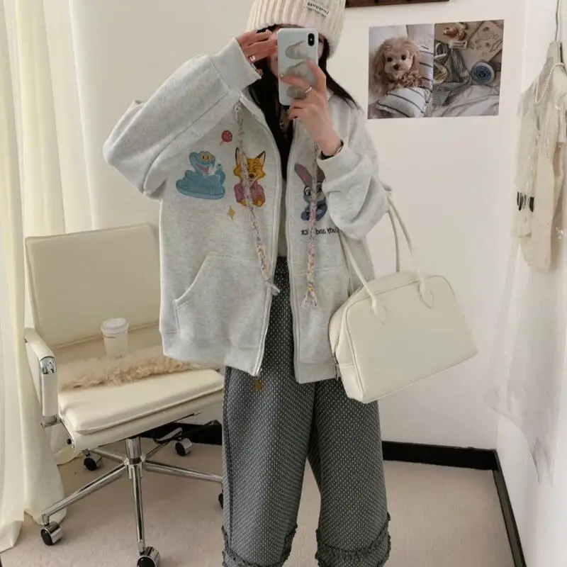 

Cartoon Spring and Autumn Thin Collection Fashion Trends Versatile Casual Lazy Wind New Cute Girl Zipper Print Hooded