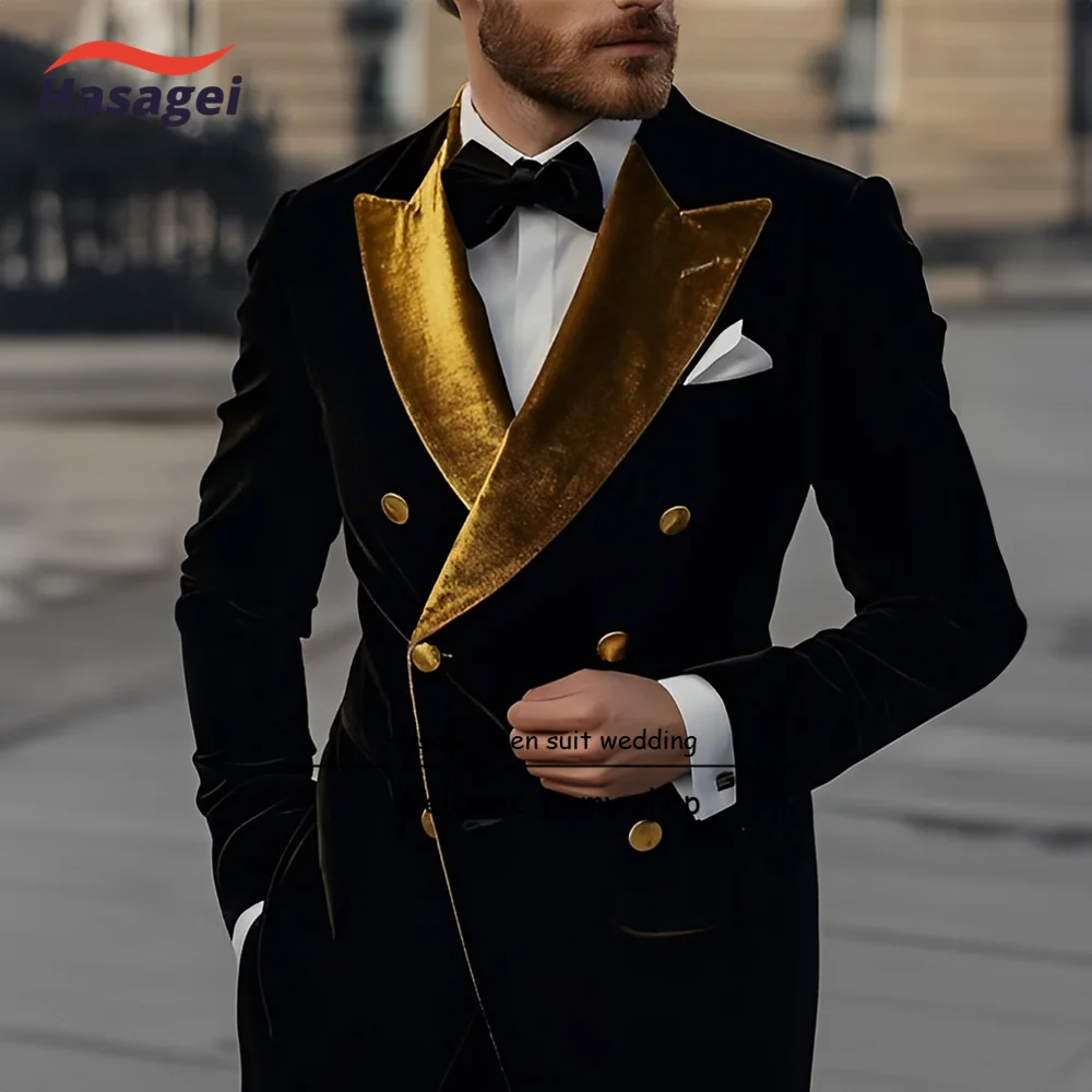 

Black Velvet Men's Suits Gold Peak Lapel Double Breasted 2 Piece Set Formal Party Wear Wedding Groom Tuxedo