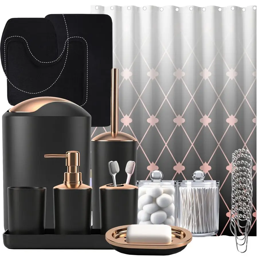 

Набор для ванной комнаты с занавеской для душа и ковриками, 25 шт., набор аксессуаров для ванной комнаты, мусорный бак, дозатор мыла, мыльница, щетка для унитаза, зубцы