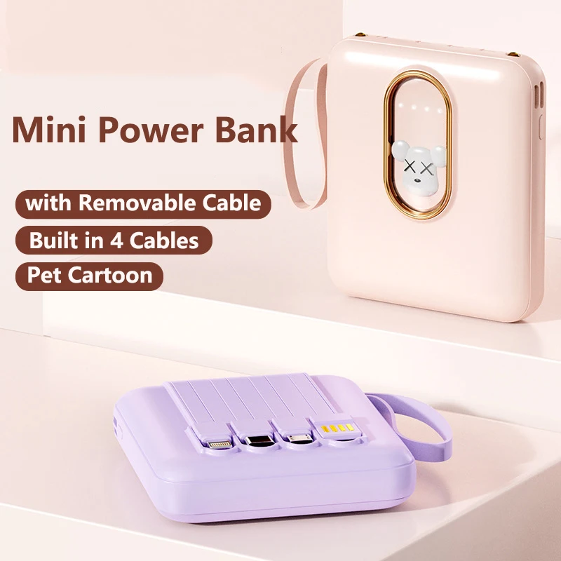 Mini Power Bank 20000mAh Built in Cable Portable Charger External Battery Pack Powerbank 20000 For iPhone Xiaomi Samsung Huawei