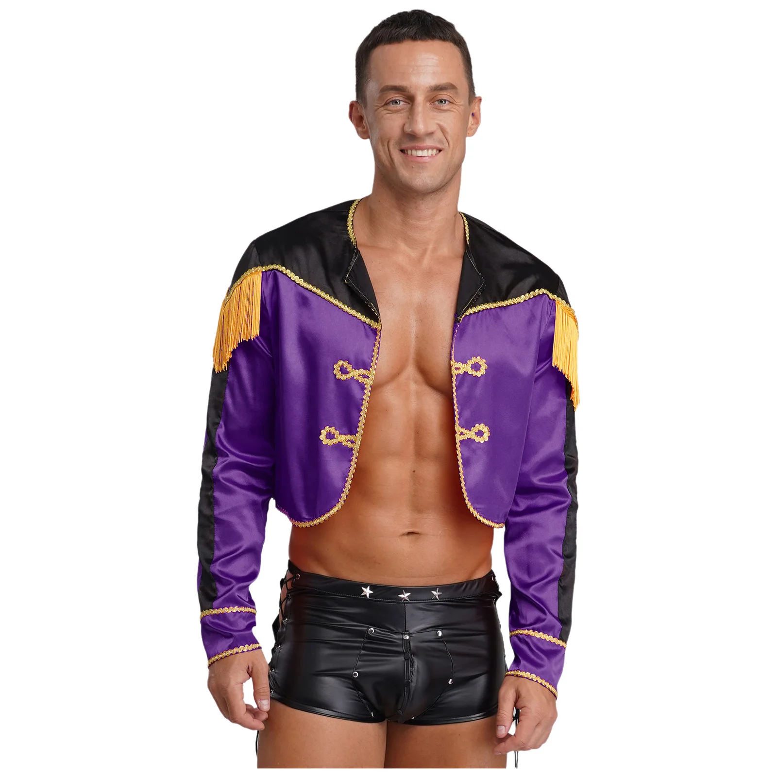 

Men Spanish Matador Medieval Prince Cosplay Costume Long Sleeve Gold Braid Trim Tassels Satin Cropped Jacket for Party Raves