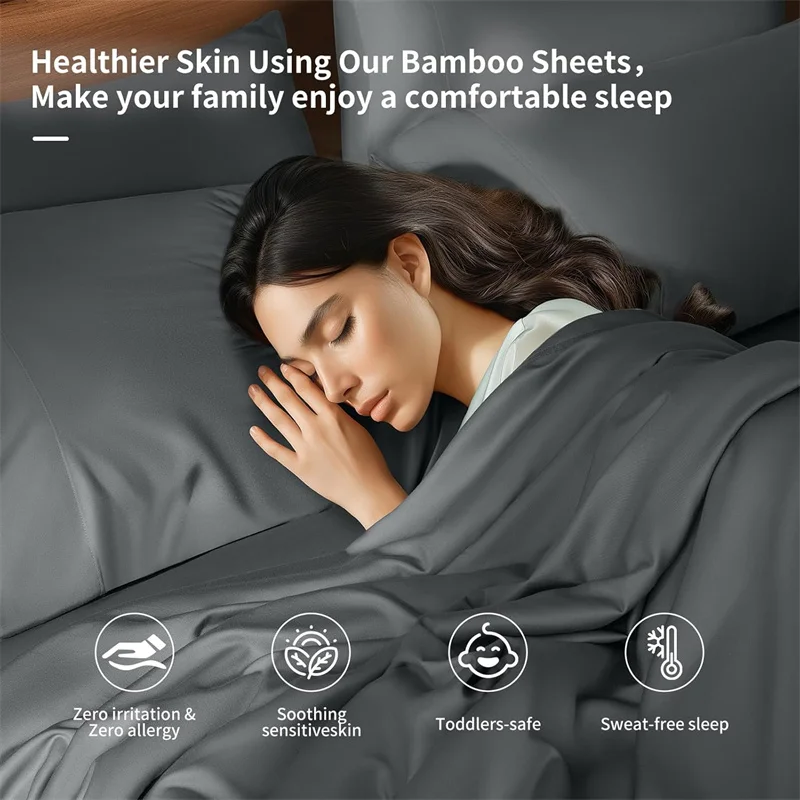 4/6Pcs 100% Bamboo Bed Sheet Set Luxury Smooth Bed Sheet Pillowcase Solid Color Bedding Set Double Queen Size Flat Fitted Sheets