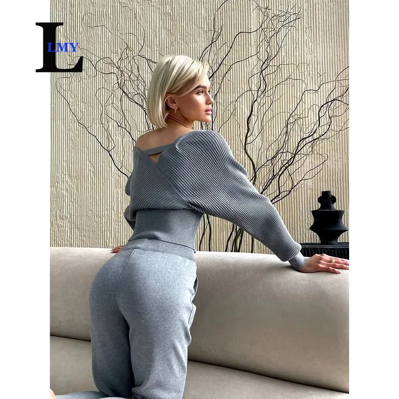 LMY Off Shoulder Knitted Sexy Two Piece Set Women Ribbed Knitted Backless Long Sleeve Tracksuit Sweater Pants Suits Knit 2 Piec