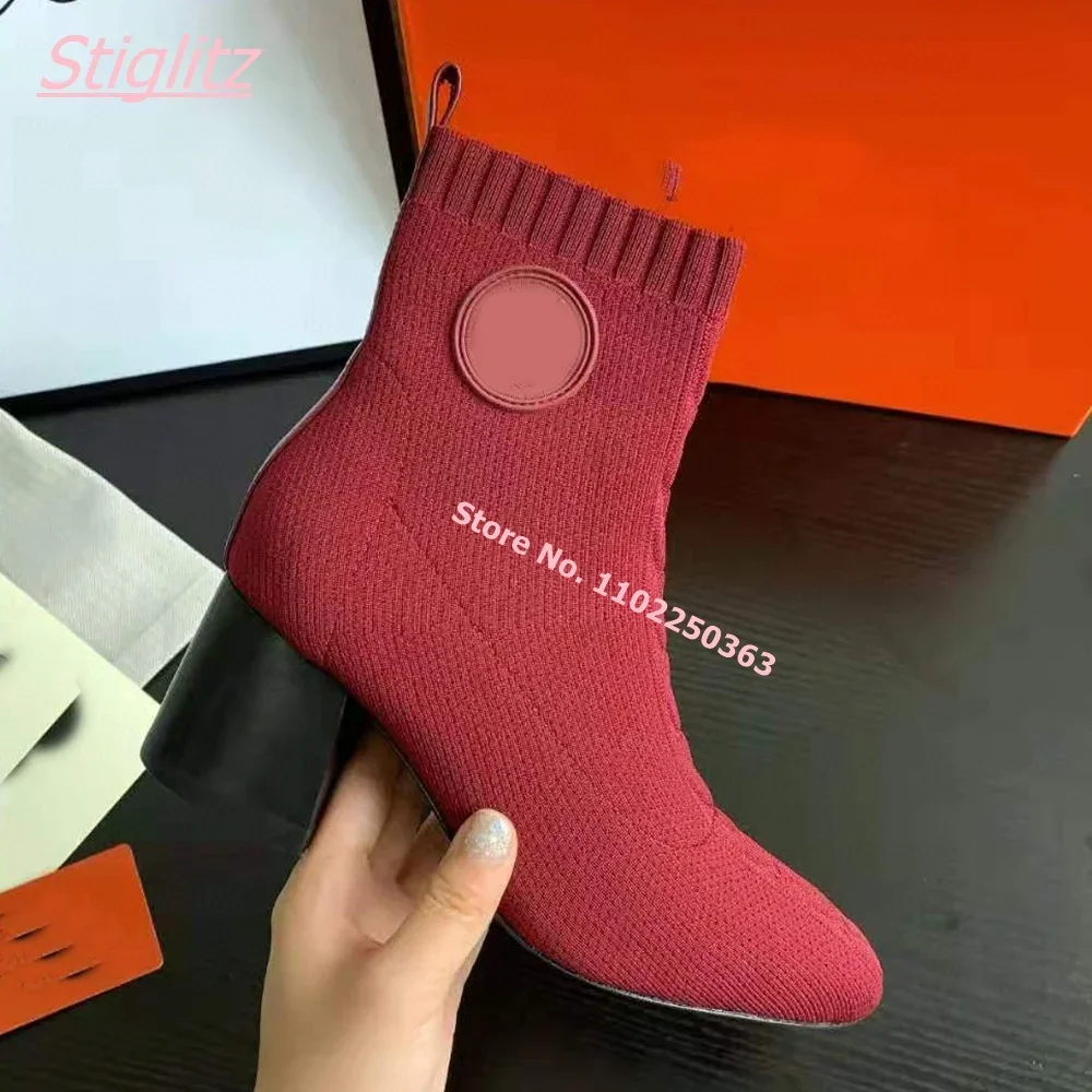 2024 Winter New Women Woolen Boots Luxury Pointed Toe Slip-On footwear Solid Elasticity Suede Square High Heel Office Shoes