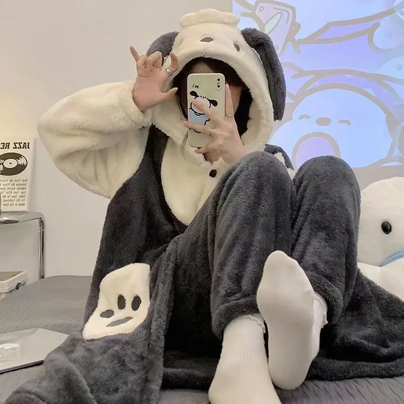 New Anime Pochacco Sanrio Kawaii Plush Pajama New Cute Winter Thickened Flannel Warm Homelike Hooded Bathrobe Set Birthday Gift