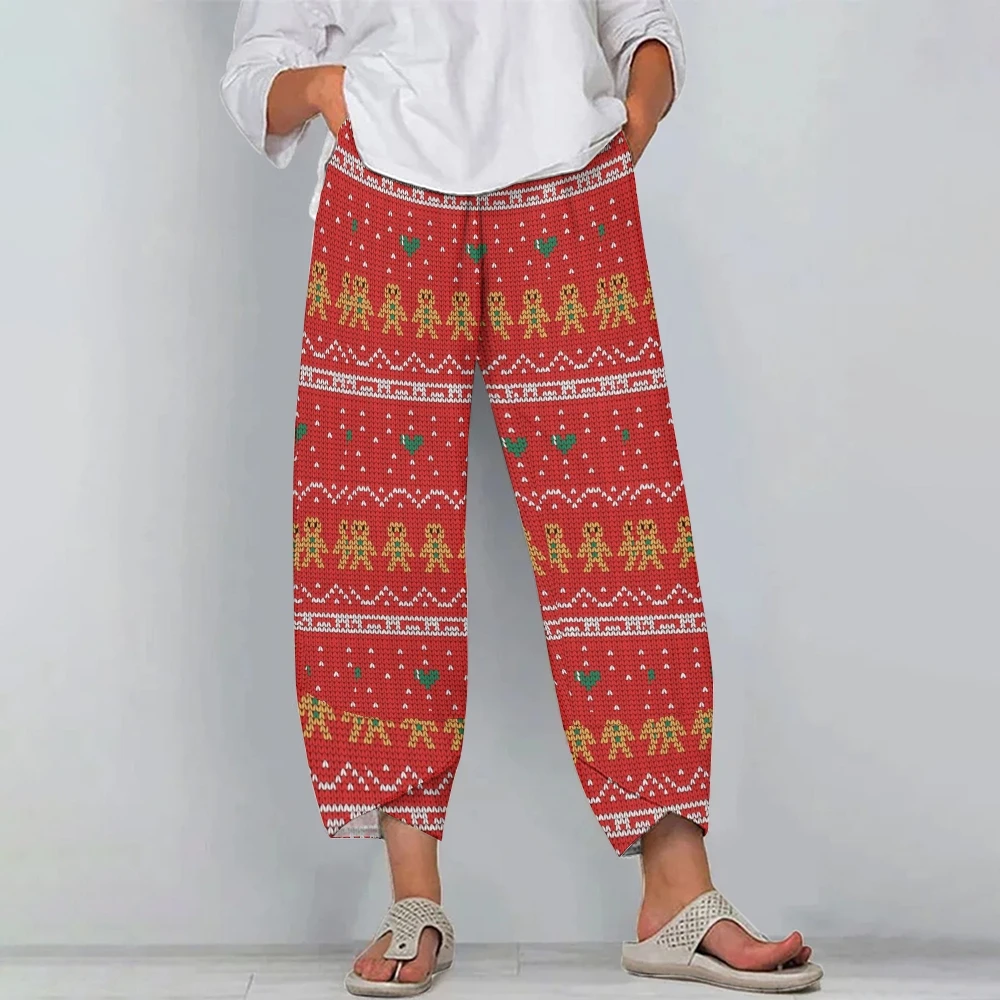 

Casual Women's Beach Pants Red Christmas Gingerbread Man Print Trend New Nine-Point Wide-Leg Pants Nice Clothes