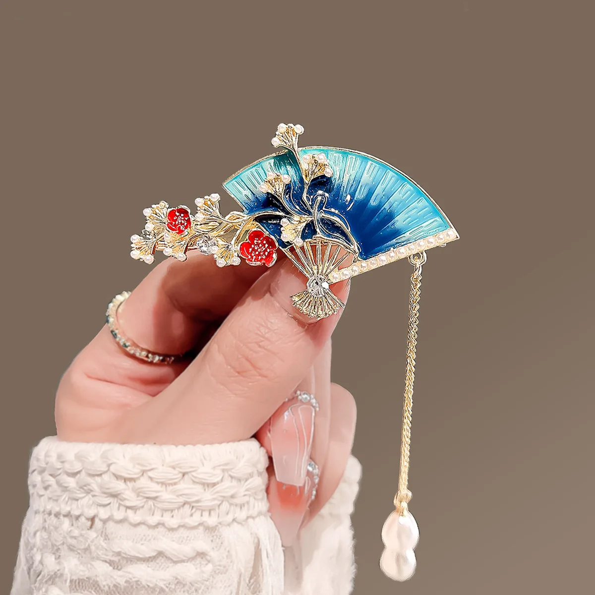 Chinese Ancient Fan-shaped Hairpin Oil Painting Flower Side Clip Temperament Pearl Tassel Hairpin Cheongsam Hanfu Accessories