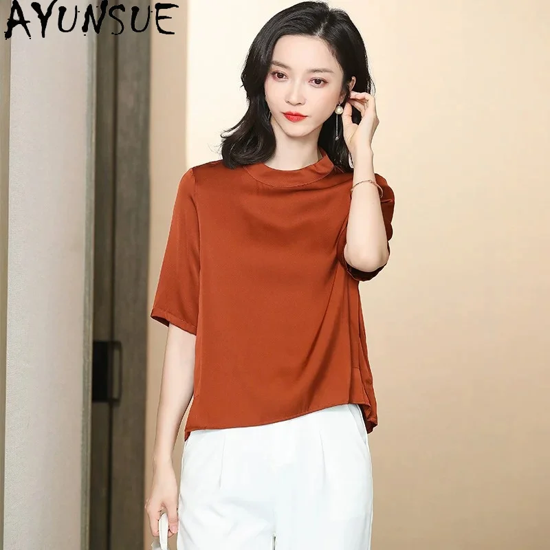 AYUNSUE 91.4% Real Mulberry Silk Women T Shirts Half Sleeved Tops for Women 2026 New Summer Commuting Women Clothing Ropa Mujer
