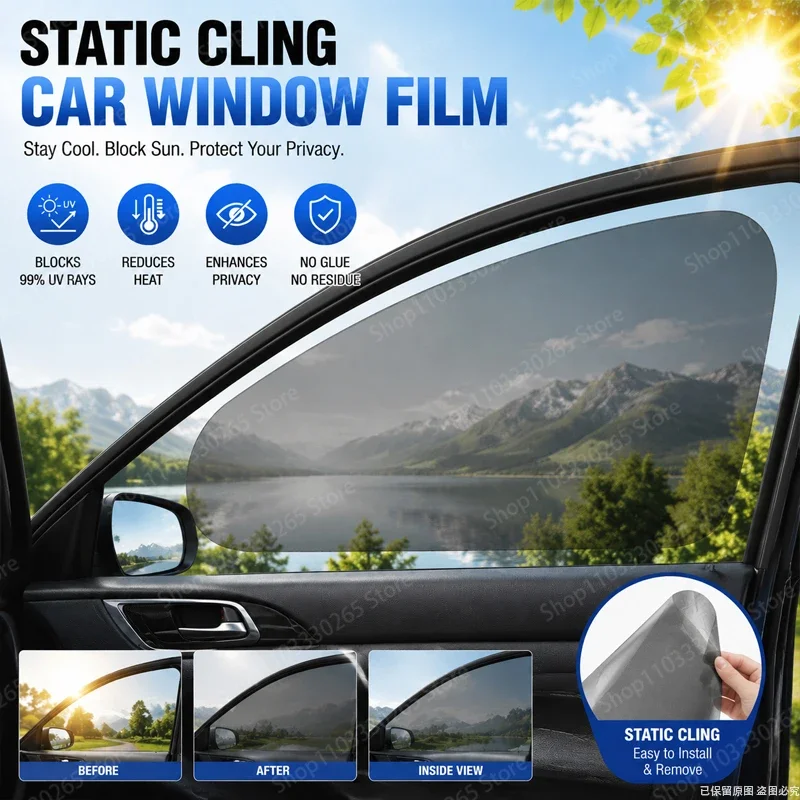 Electrostatic adsorption car window sunshade film, adhesive free reusable sunshade, 99% UV resistant and heat-insulating