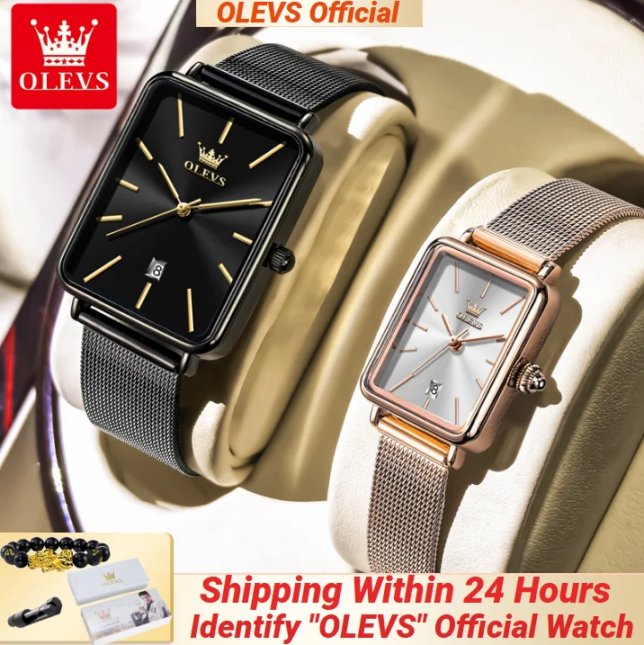 

OLEVS 3692, мужские и женские часы с сетчатым ремешком из нержавеющей стали, автоматические квадратные часы с датой, водонепроницаемые часы для влюбленных