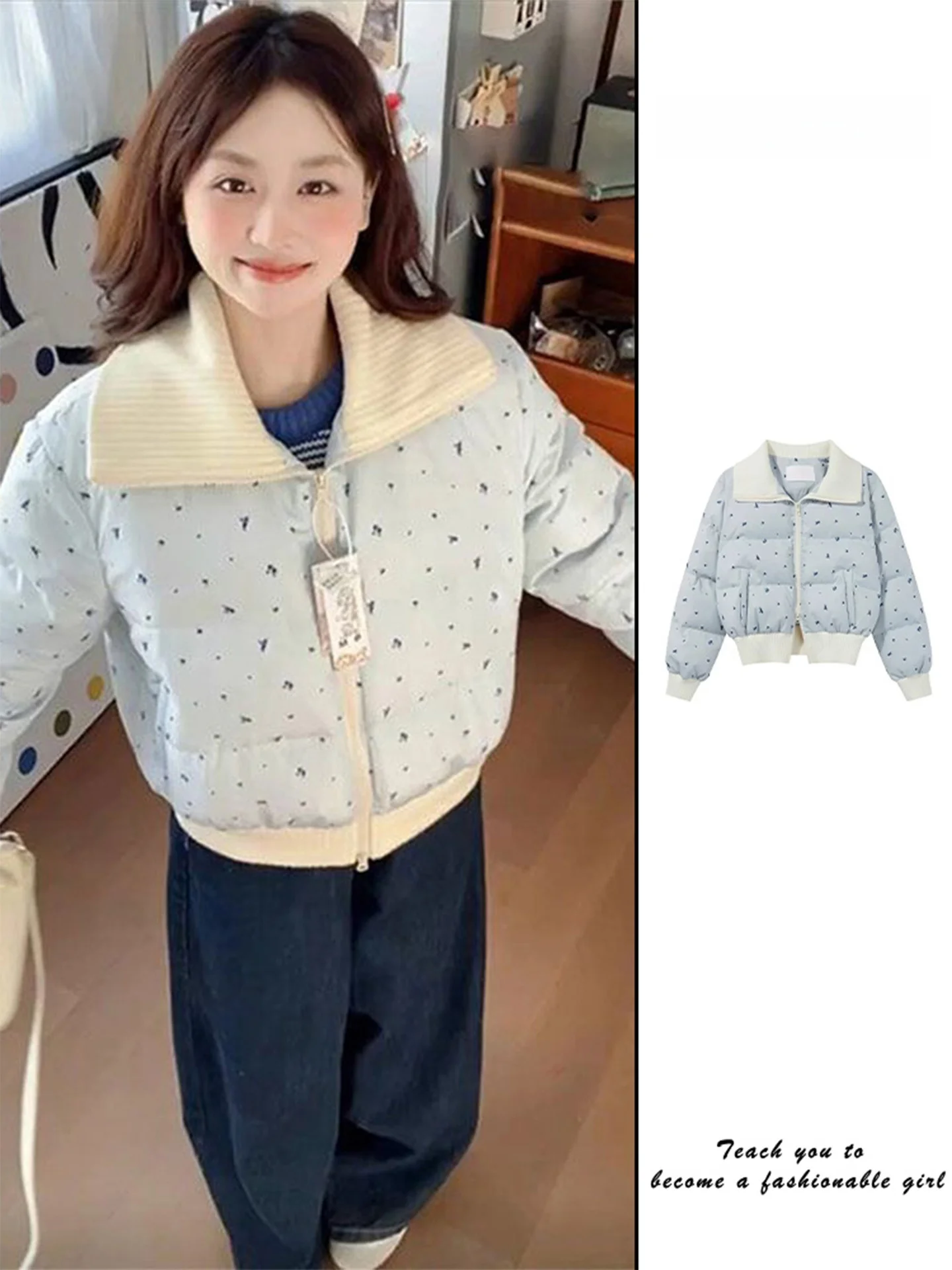 

Корейский сладкий вязаный воротник с цветочным принтом, хлопковый джет, женский зимний ретро, маленький размер, теплый хлеб, модная молния