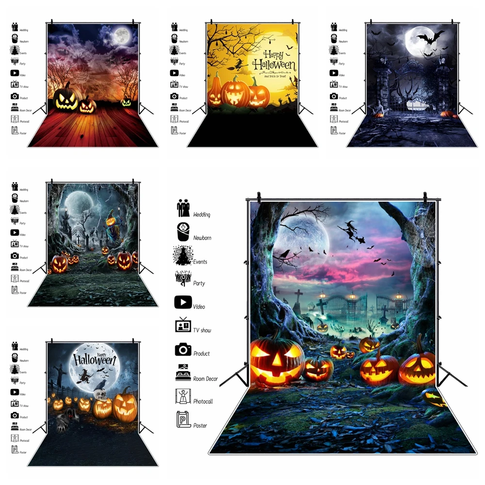 

Halloween Backdrop Tombstone Pumpkin Lantern Night Moon Bat Witch Kids Birthday Portrait Photography Background Photo Studio