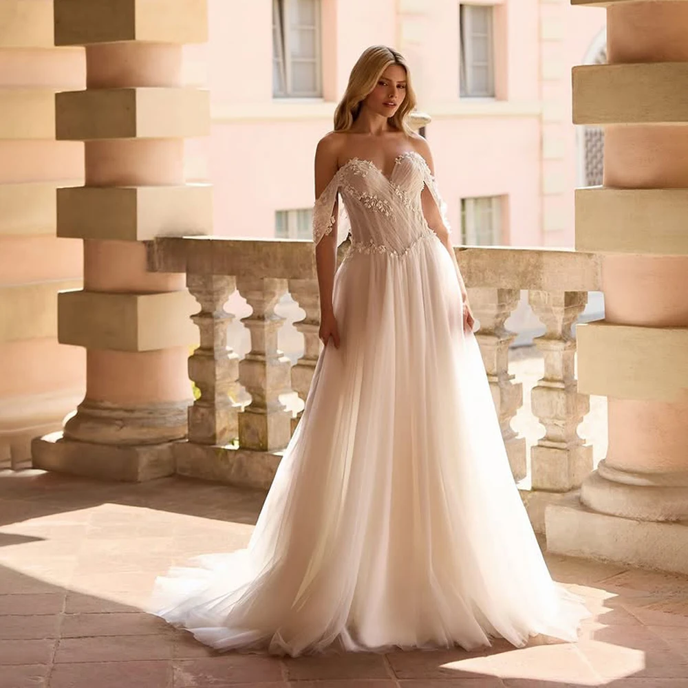 

Sweetheart Lace Appliques Tull Wedding Dress Cap Sleeves Bridal Gown Zipper Backless Evening Gowns For Wedding vestido de novia