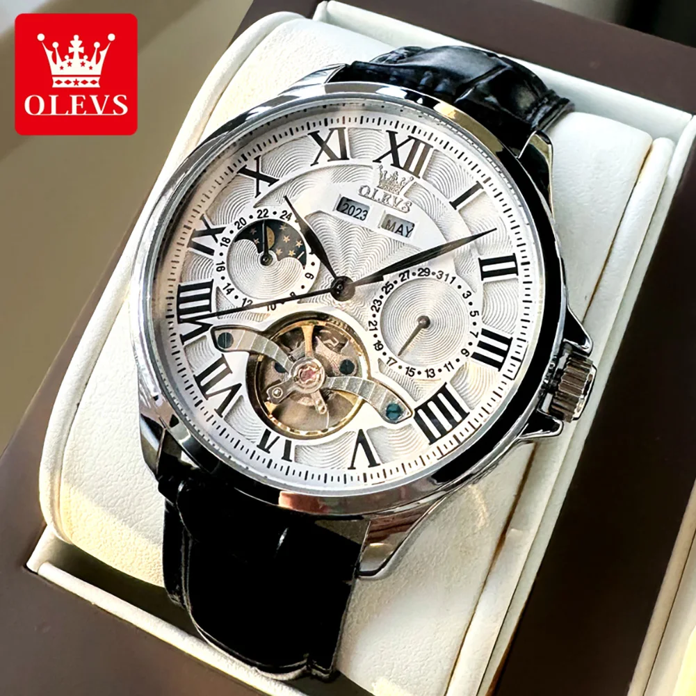 

OLEVS 7013 Roman Scale Business Mechanical Watch For Men Hollow Skeleton Waterproof Man Watches Moon Phase Automatic Wristwatch