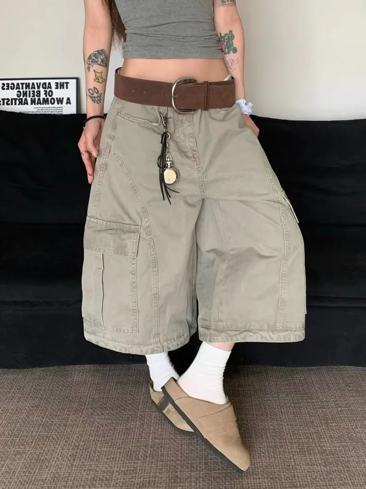 Short de Mezclilla para Mujer, Tiro Alto, Pierna Ancha, Largo a la Rodilla, Gris Casual, Holgado, Estilo Americano, Pantalones Cortos de Mezclilla para Mujer 4
