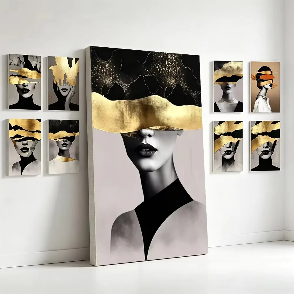Gold-Schwarzes Porträt einer Frau, Poster, abstrakte, moderne Figur, Kopfdruck, Leinwandbild, Wandkunst für Zimmer, Heimdekoration – Detail 5