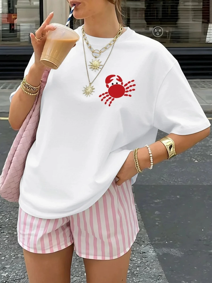 Minimalist Crab Painting Print Women Loose T-Shirt 2026 Summer Beach Retro Ins Style Cotton Short Sleeve Comfortable Casual Tee