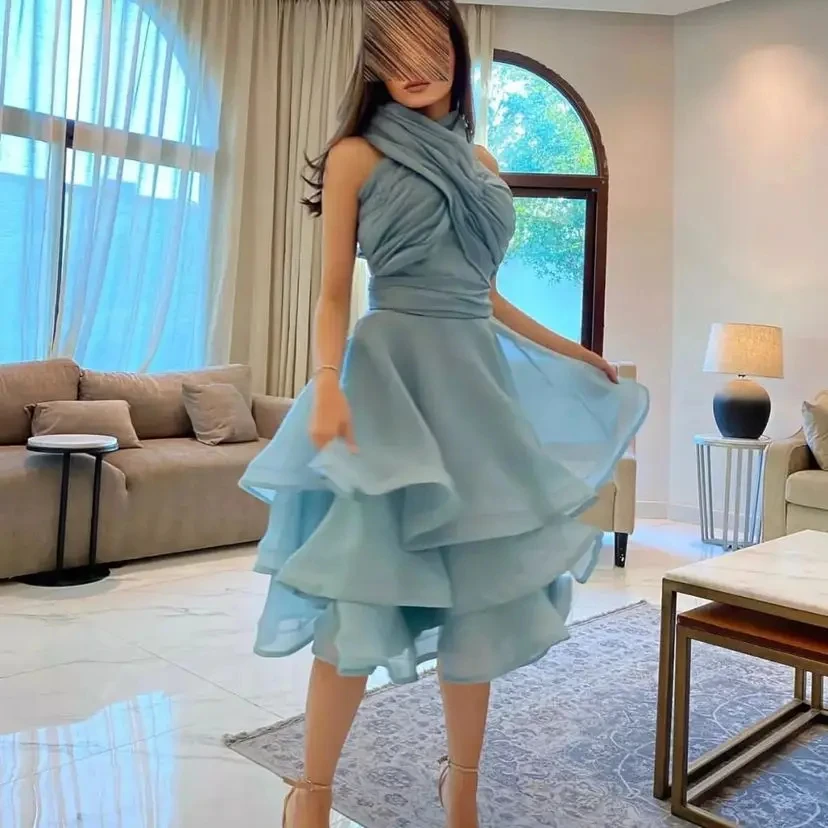 Blue Prom Dresses Halter Strapless Evening Dresses Sleeveless Tea Length Saudi Arabia Women's Formal Dress Wedding 2024