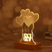 3D Heart Balloon Night Light Acrylic Plate Illusion Lamp Wooden Base USB Powered LED Home Decor Kids Room Office Playroom