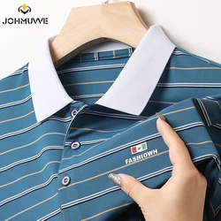 2024 Men's New Striped Cotton Business Casual Short Sleeved POLO Shirt Fashion Short Sleeved Comfortable and Breathable Top