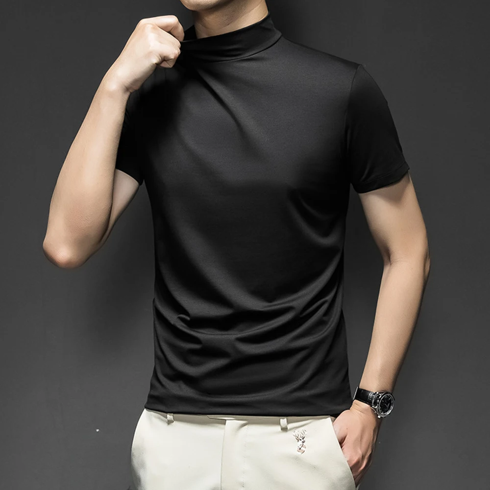 Fashion High Quality Hot Sale Mens T-Shirt Mock Neck Short Sleeve Solid Color Sport Gym Bottoming Top Casual M~3XL