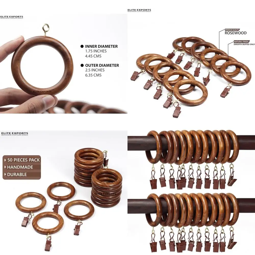 

50 Pack Wooden Curtain Rings with Clips, Suitable for 1.75 Inch Inner Diameter Rods, Window & Shower Curtain Hooks