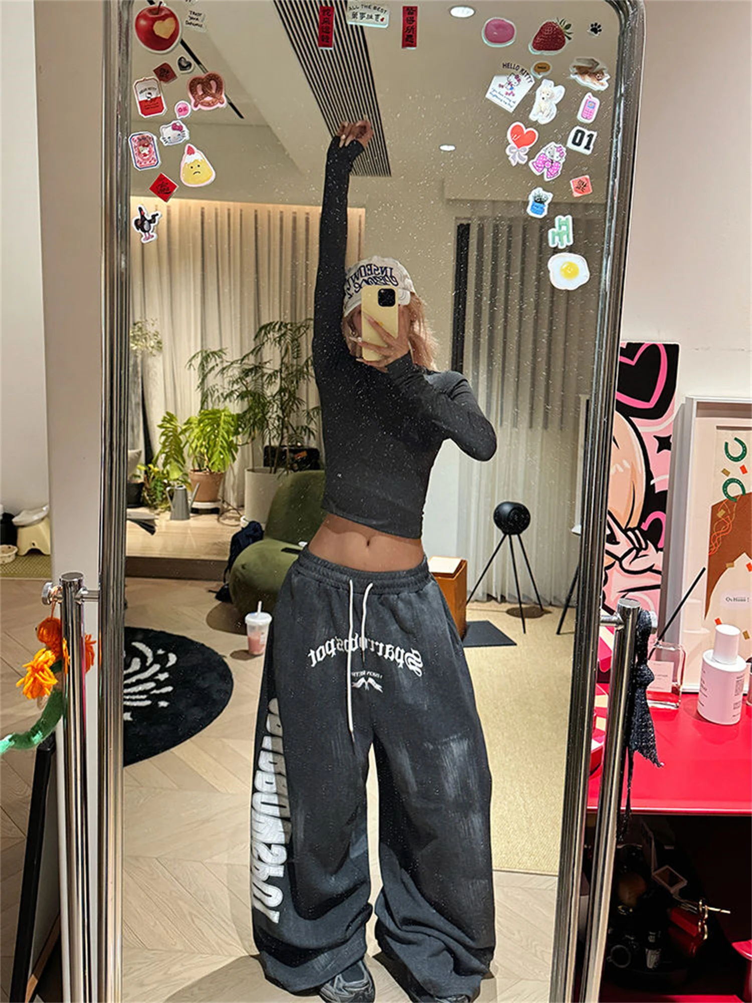 Y2K Women's Dark Grey Wide Leg Sweatpants 2025 New Fashion Letter Print Distressed Drawstring Waist Casual Streetwear Trousers