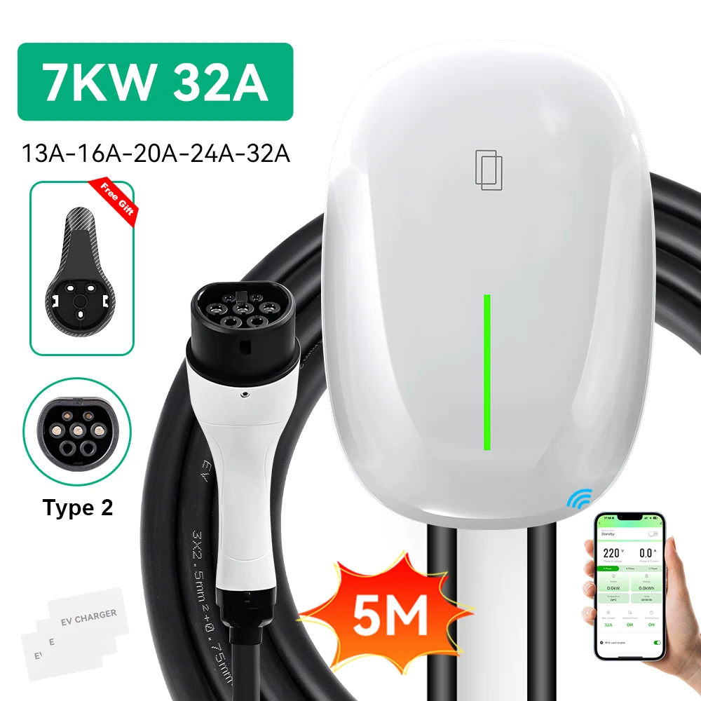 JDMEX 7KW EV Charging Station Type2 32A 1Phase Fast Charging Electric Vehicle Car Charger EVSE APP Remote Control 5m Cable