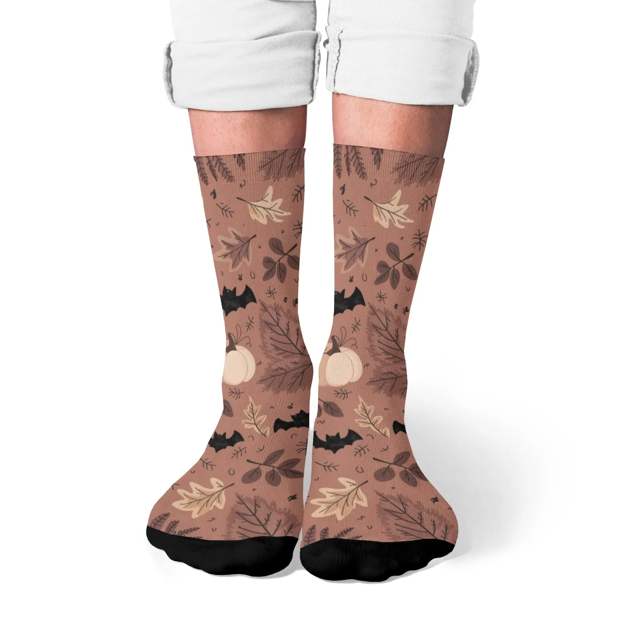 Warm Brown Background Socks Autumn Leaves Pumpkins & Bats for Halloween Durable Knit for Outdoor Activities & Seasonal Layer