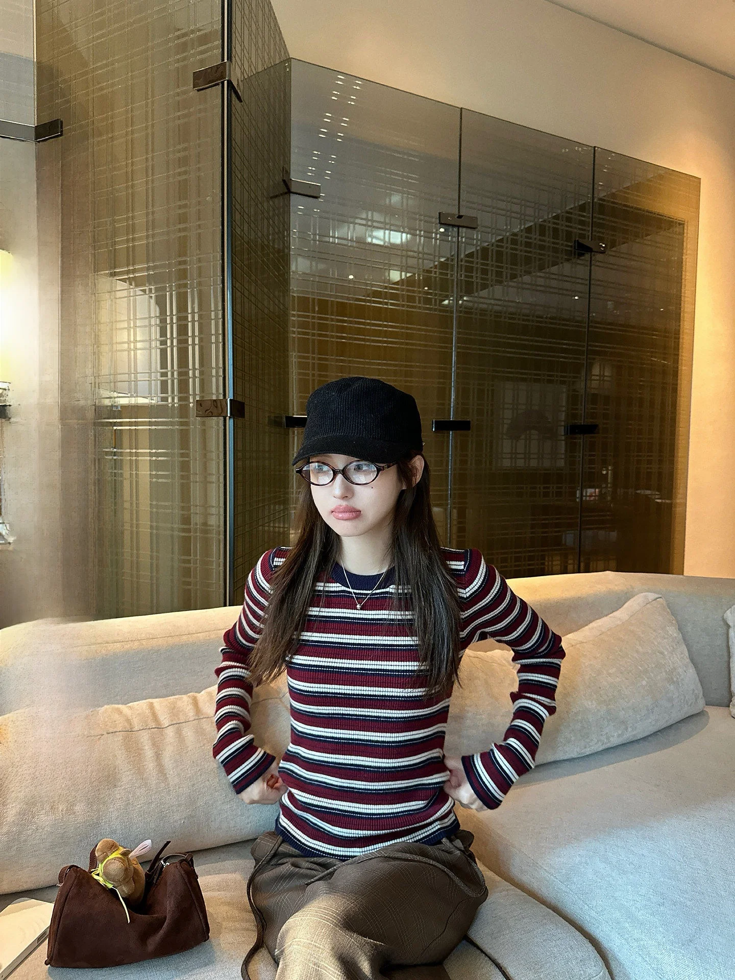 

NingSi Women's Casual Stripe round Ne Long Sve Knitted irt Spring New Sle Vintage Loose Fit Overhead Base Top