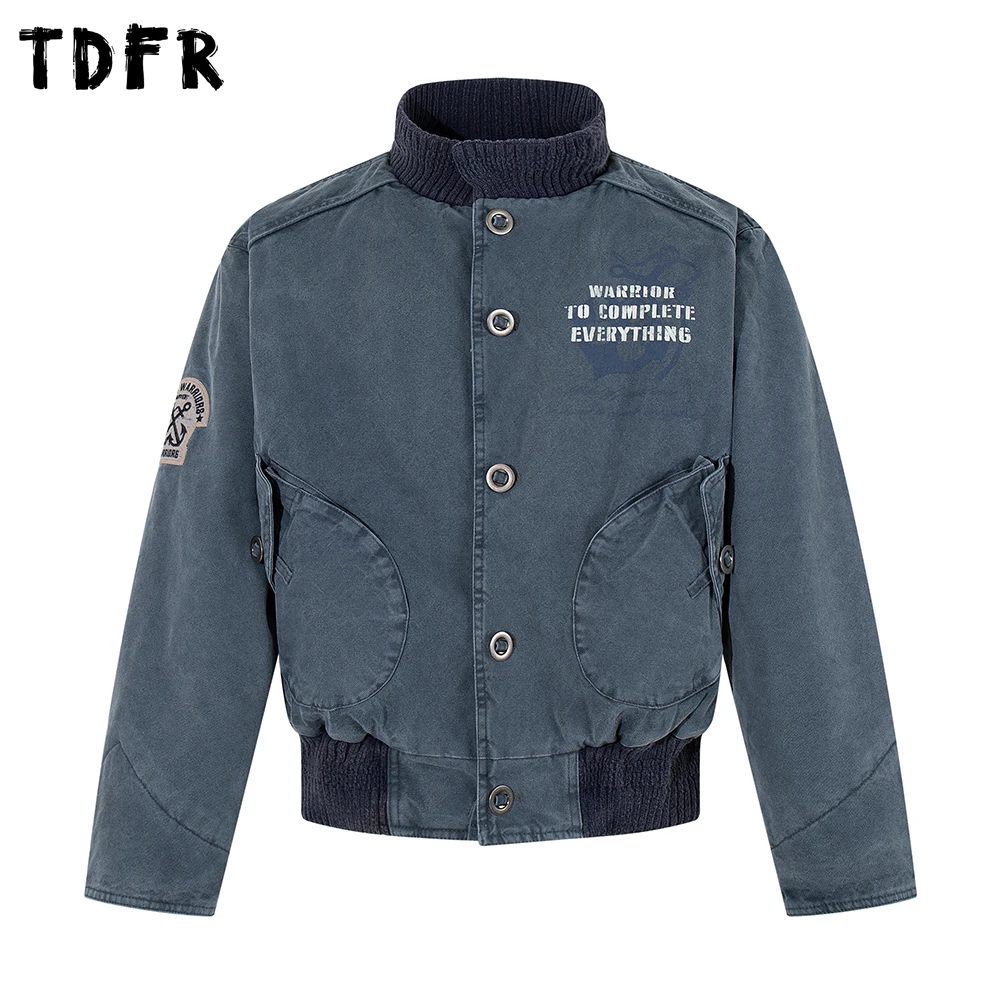 

Letter Print Cargo Quilted Jacket Mens Embroidery Retro Casual Washed Distressed Stand Collar Long Sleeve Loose Outerwear Man
