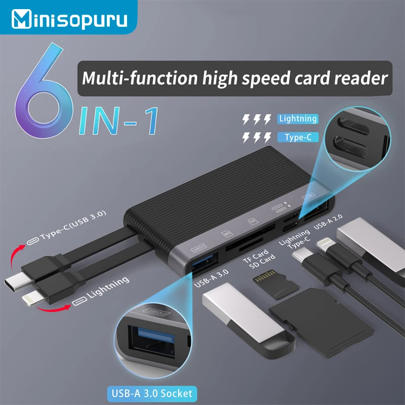 

Minisopuru USB 3.0 HUB 6 Ports Type-C&LAN Dual cable to SD/TF Card Reader Convertor for Apple Type-C Cell Phone Computer Adapter