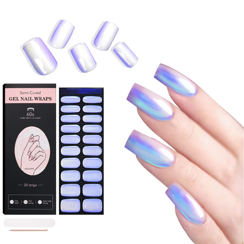 20팁 선글라스 파우더 오로라 세미 큐어드 젤 네일 스트립 DIY 젤 폴리쉬 스티커 (UV/LED 사용 가능)